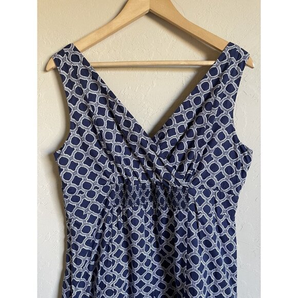 Lands End Size 12 Navy Blue Cream Abstract Geometric Cotton Knee Length Dress Sl - Picture 4 of 7